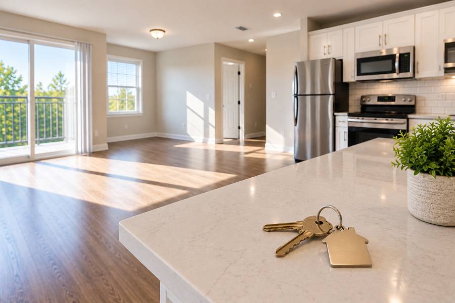 Empty apartment living area and kitchen with keys on the counter