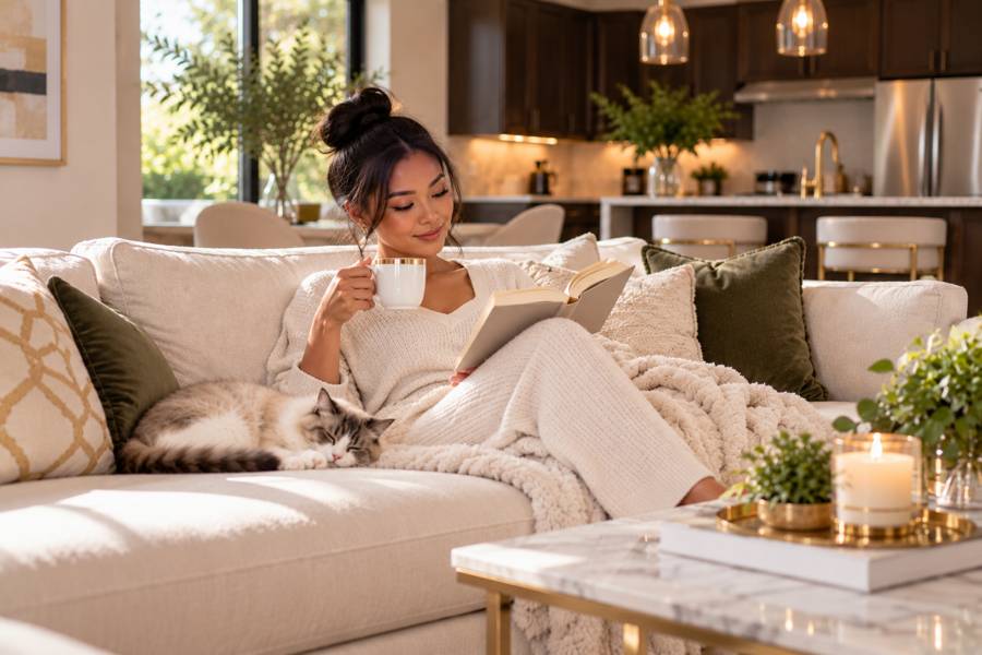 Woman relaxing on a sofa with a book, coffee and a sleeping cat